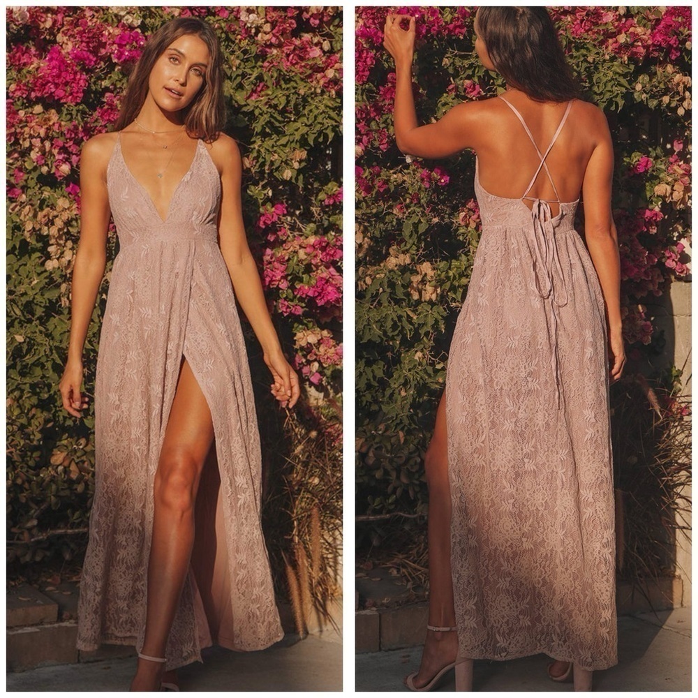 Lulus Stolen Moments Dusty Pink Lace-Up Lace Maxi Dress NWT